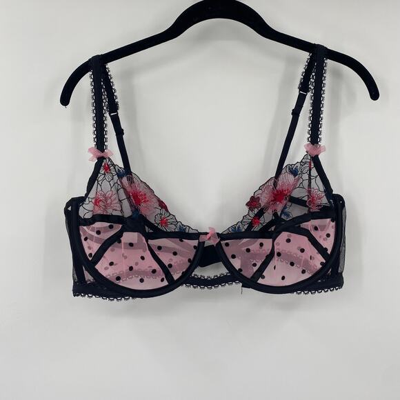 For Love & Lemons Zinnia Bra Floral Embroidered Unlined Underwire Black Pink 38D - Picture 7 of 11